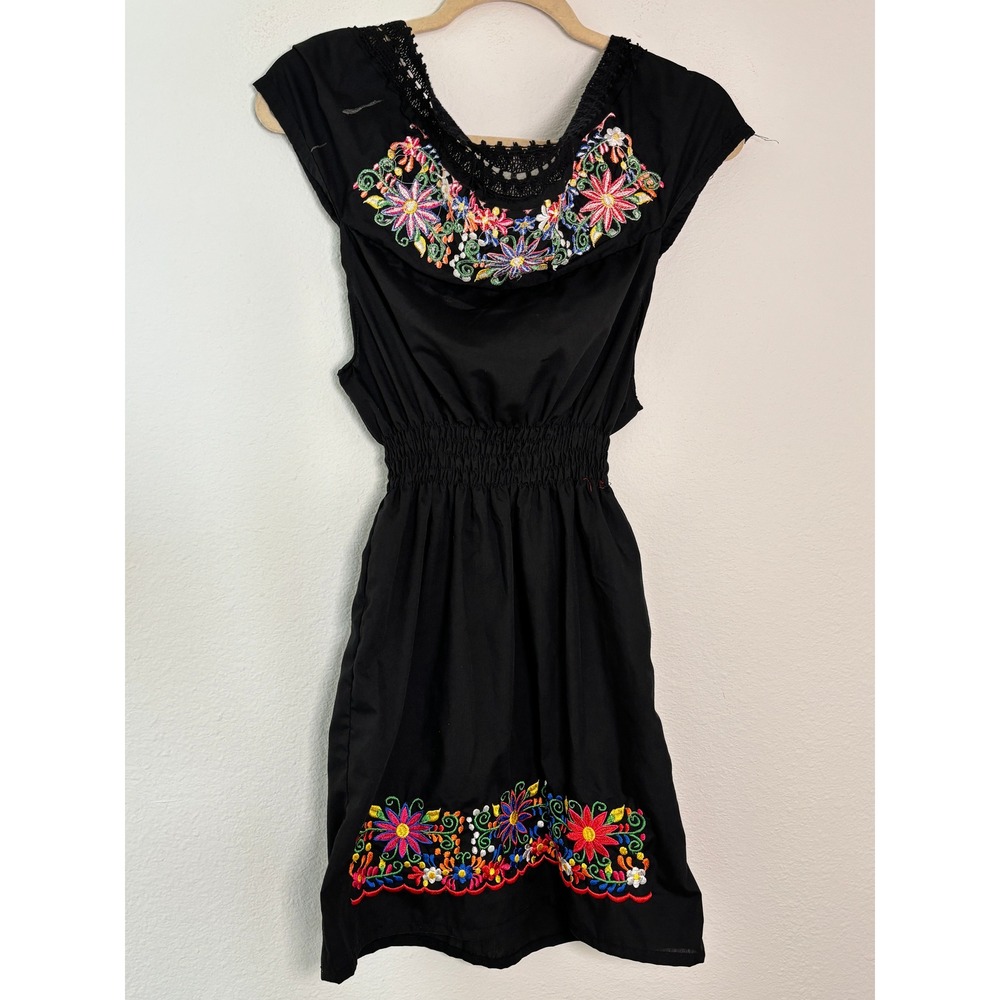 Mexican Embroidered Floral Off Shoulder Smocked Mini Dress Black Size 6
